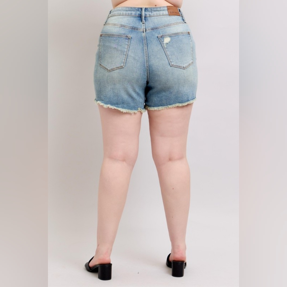 Judy Blue Full Size High Rise Washed Fly Stitch Detail and Destroy Denim Shorts - Picture 14 of 16